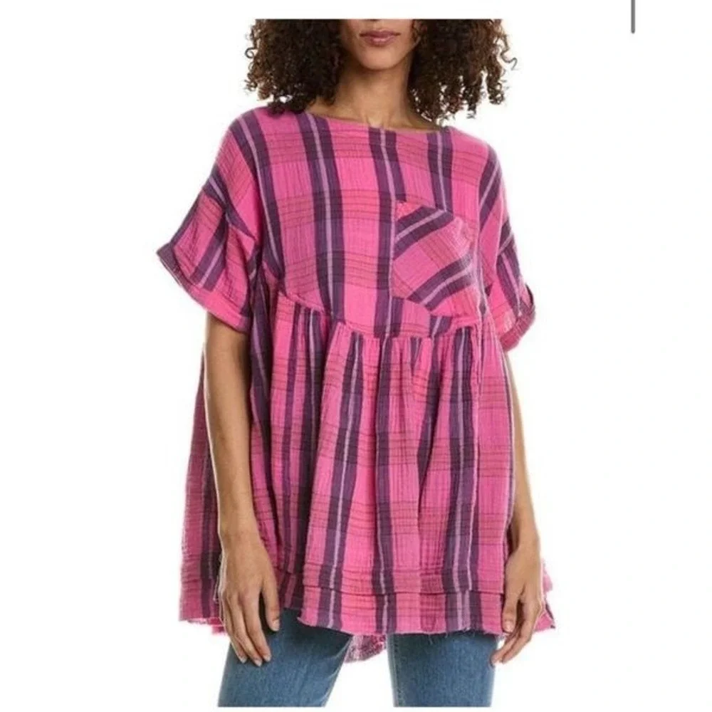 We the free Women's Pink Moon City Plaid Top medium nwt